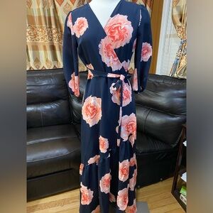 Bar lll Small Pink Flowers Blue Wrap Dress Maxi